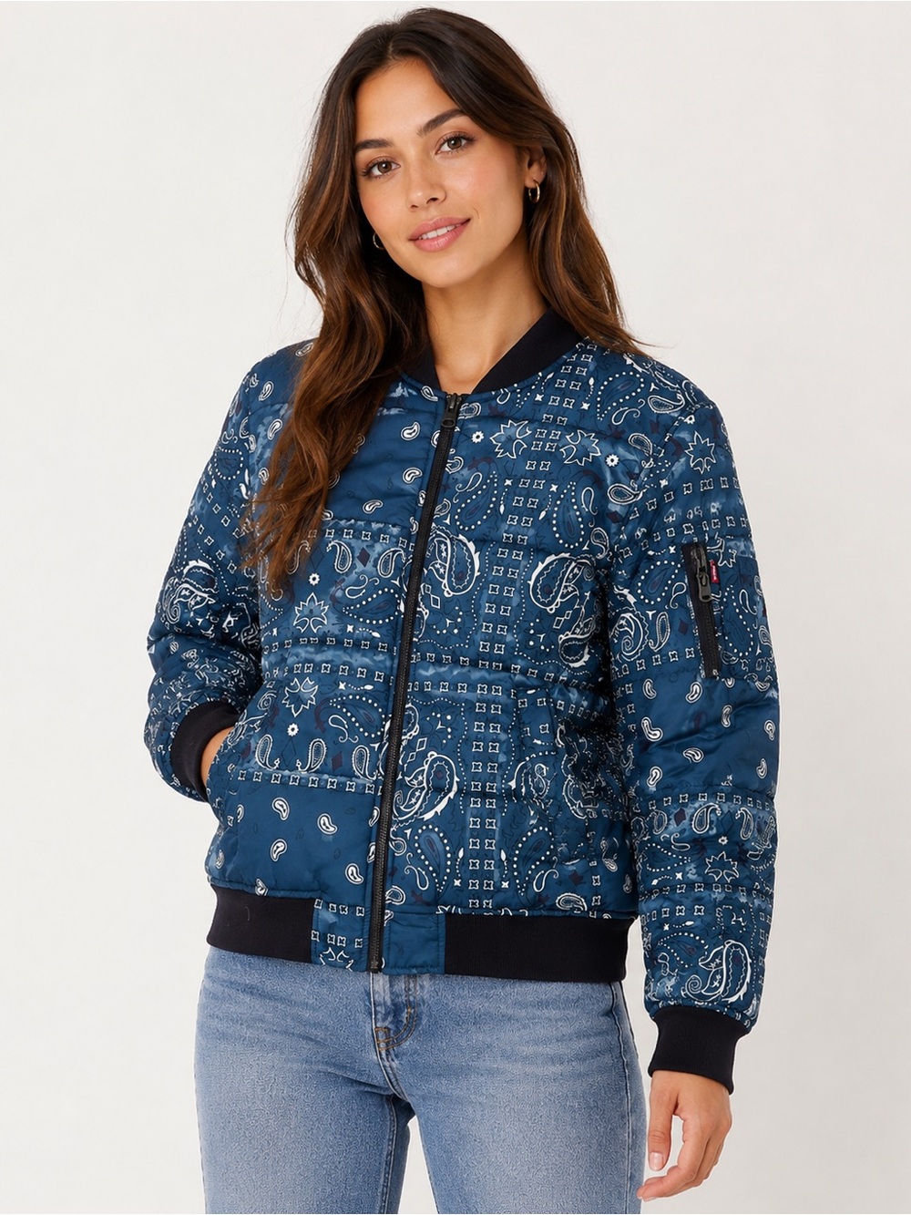 Quilted Blue Bandana Print Bomber Jacket unisex large